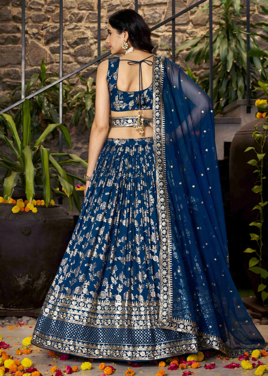 Dove Blue Sequins and Zari Embroidery Work Silk Lehenga