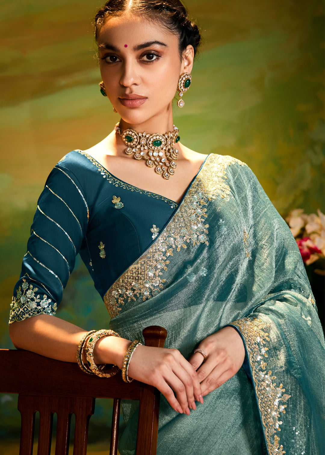 Pine Green Saree With Embroidery And Handwork Designer Cut Border