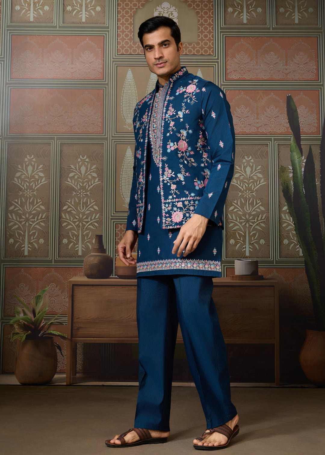 Teal Blue Mens Wear Koti Style with Silk Kurta and Pajama