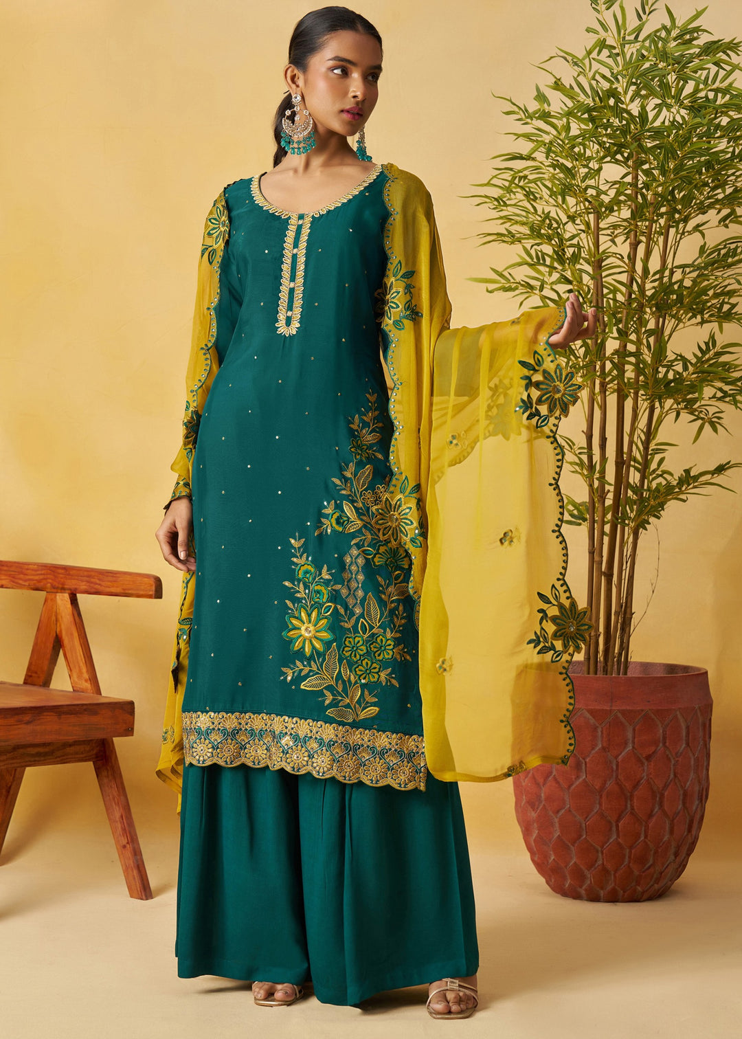 Dark Teal Green Salwar Suit with Mustard Yellow Dupatta