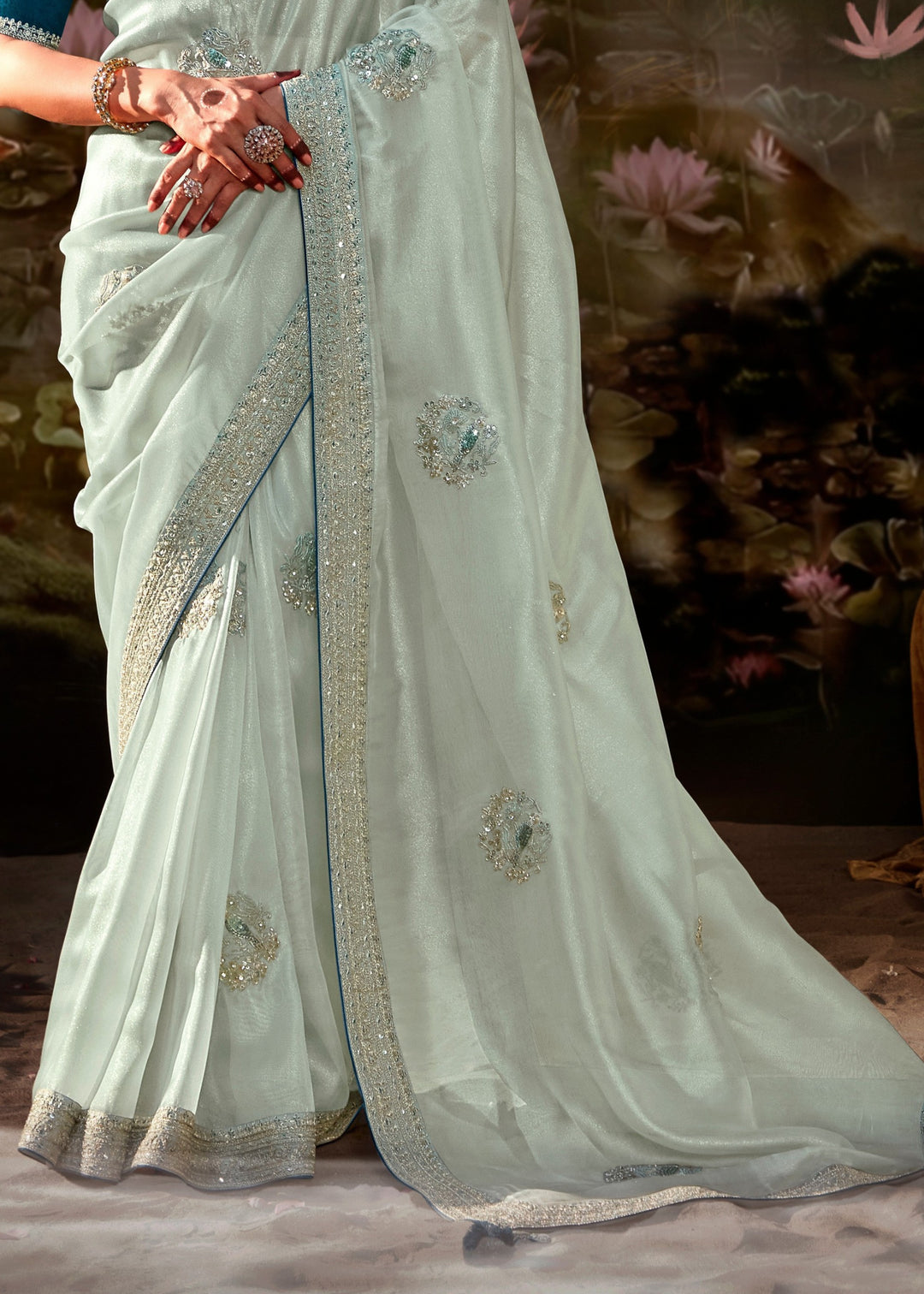Teal Blue And Cream Cotton Silk Saree