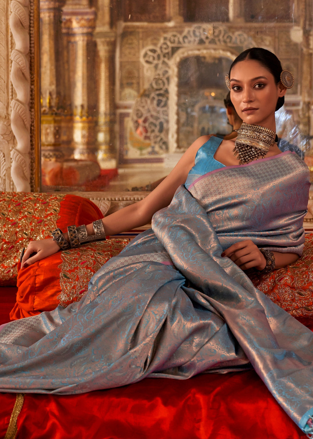 Azure Blue Handloom Weaving Silk Saree