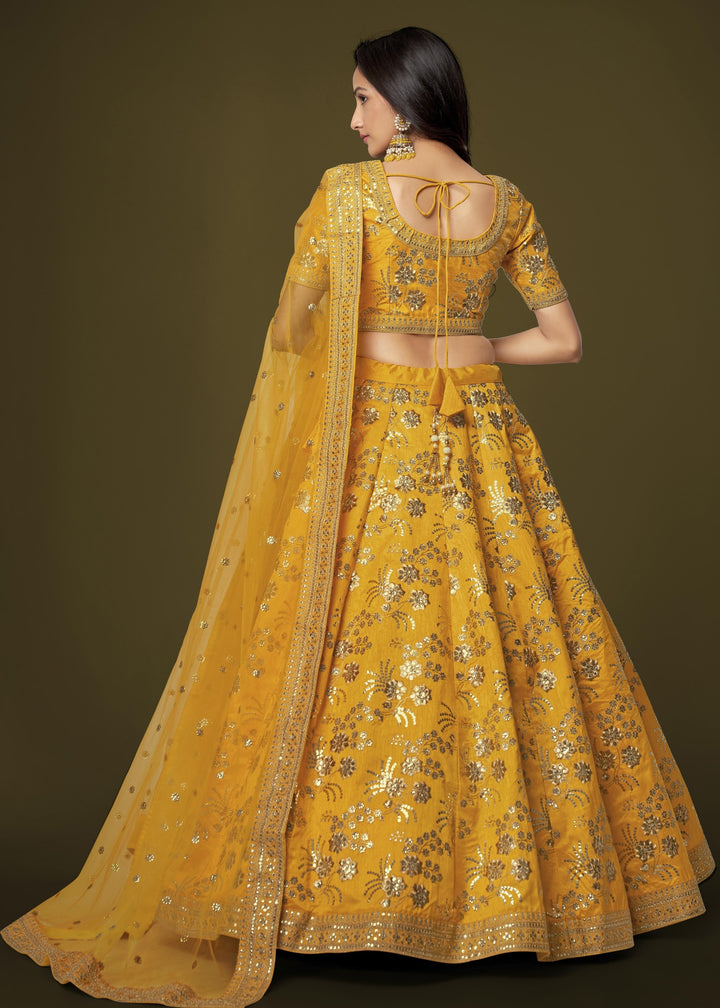 Yellow Slub Silk Lehenga with Zari Sequins and Dori Embroidery Work