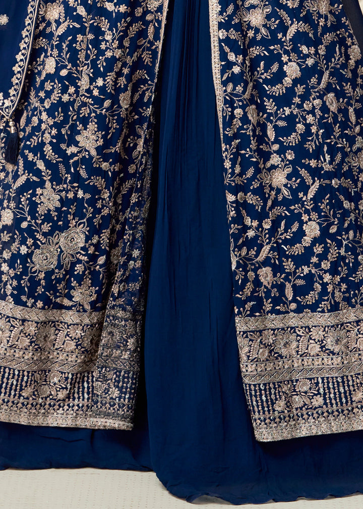 Navy Blue Georgette Anarkali Slit Cut Suit With Thread Embroidered Work