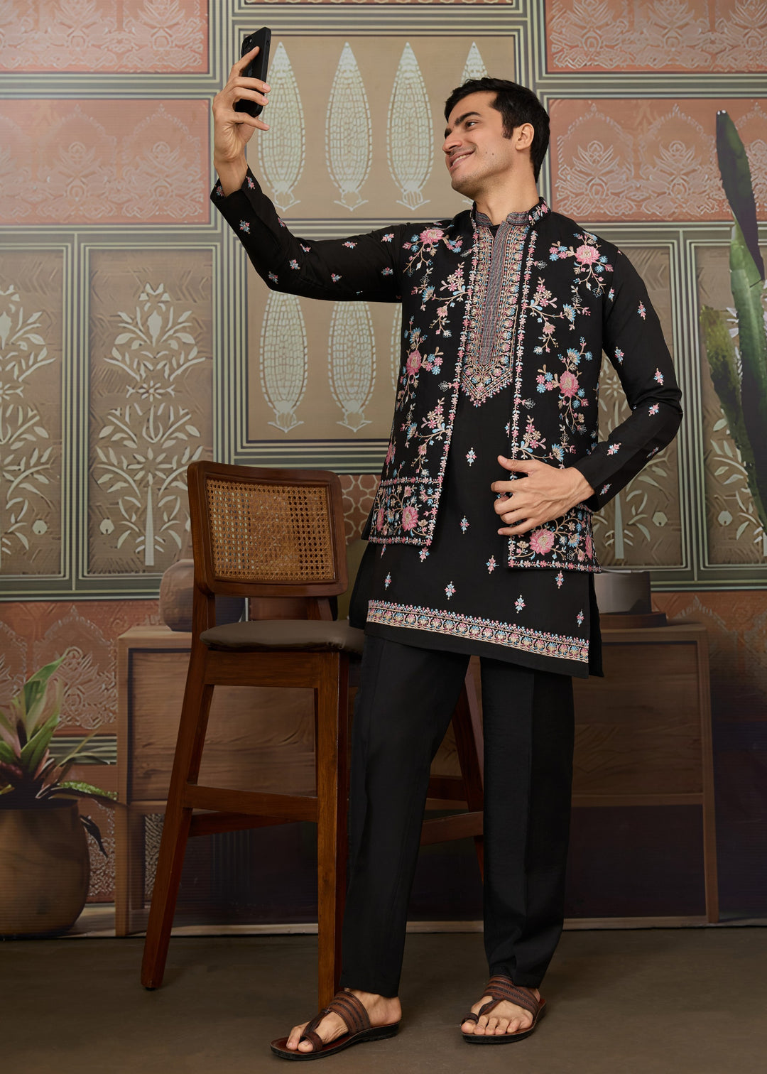 Jet Black Mens Wear Koti Style with Silk Kurta and Pajama