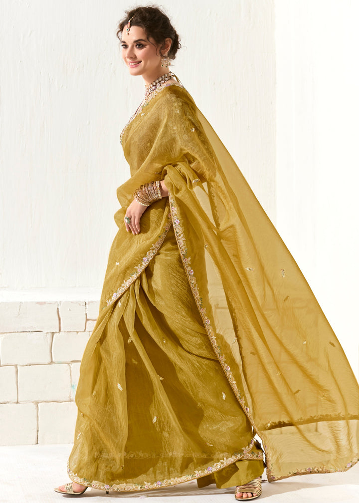 Saffron Yellow Organza Tissue Silk Saree