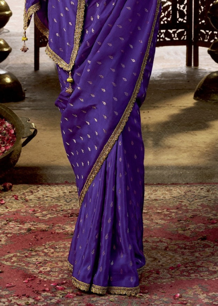 Purple Pure Viscous Crepe based fabric with Hand dying & Butti weaving Saree