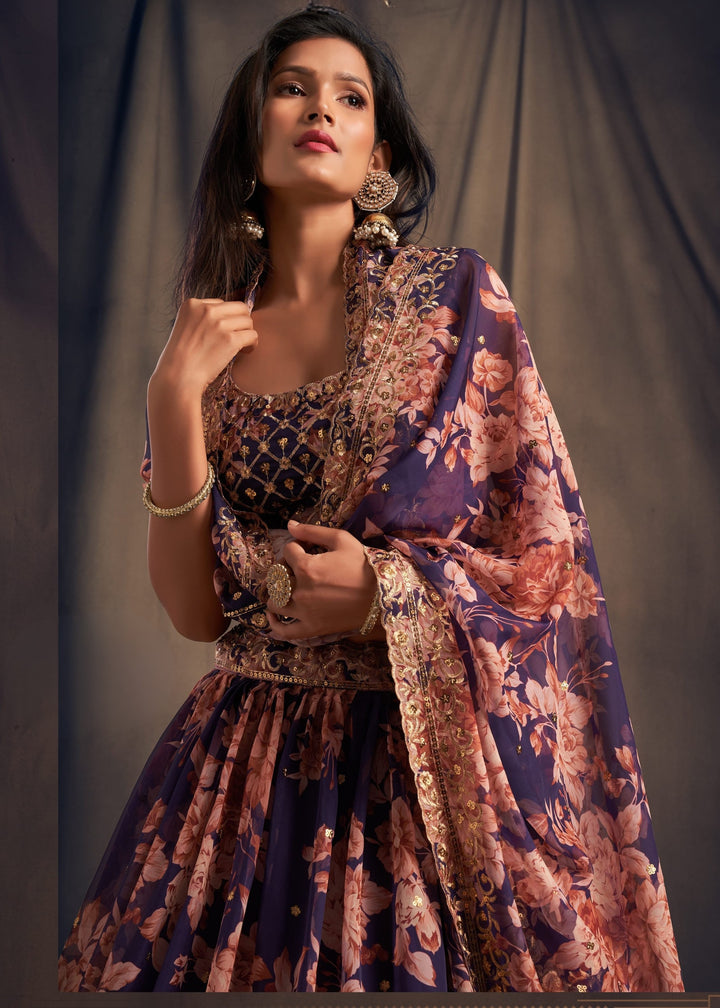 Purple Organza Lehenga Sequins Zari Embroidery Work