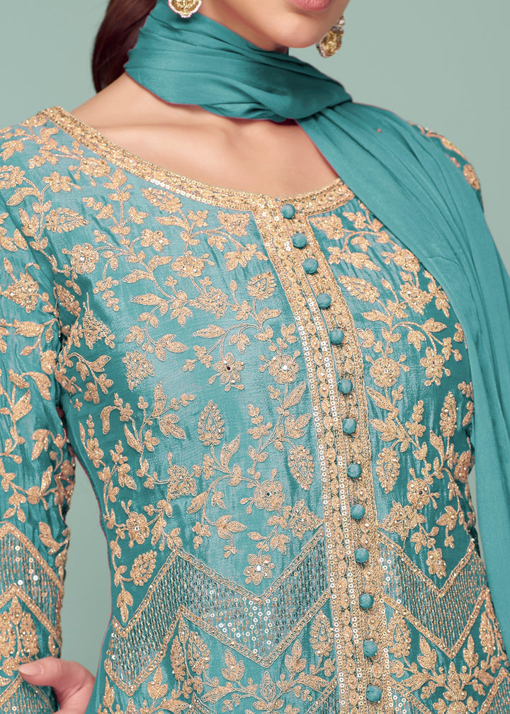 Sky Blue Chinnon Silk Plazo Suit With Thread Embroidery