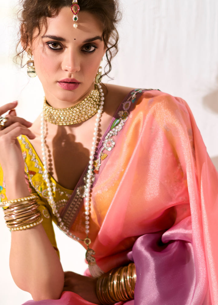 Peach & Purple Organza Tissue Silk Saree