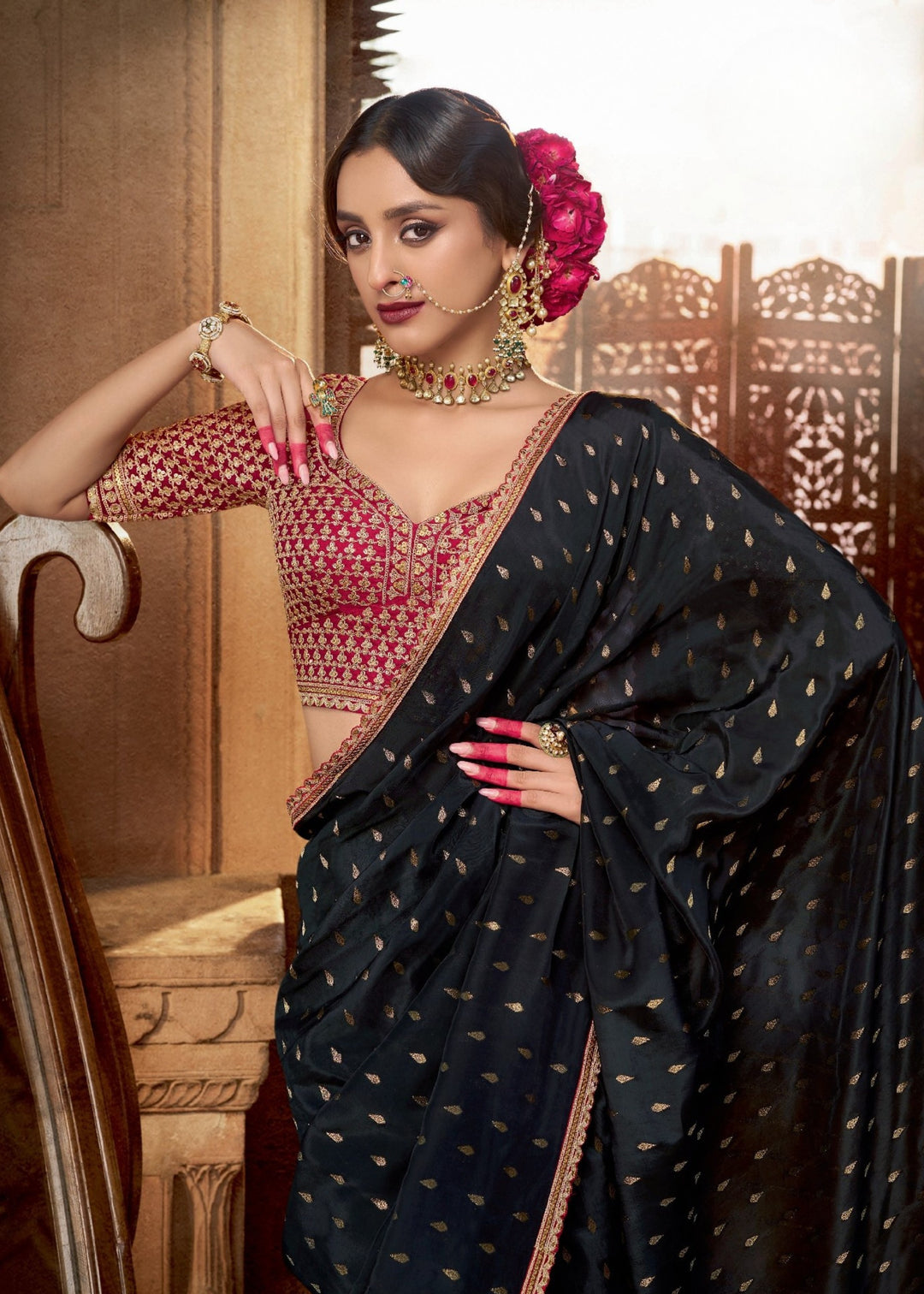 Black Pure Viscous Crepe based fabric with Hand dying & Butti weaving Saree