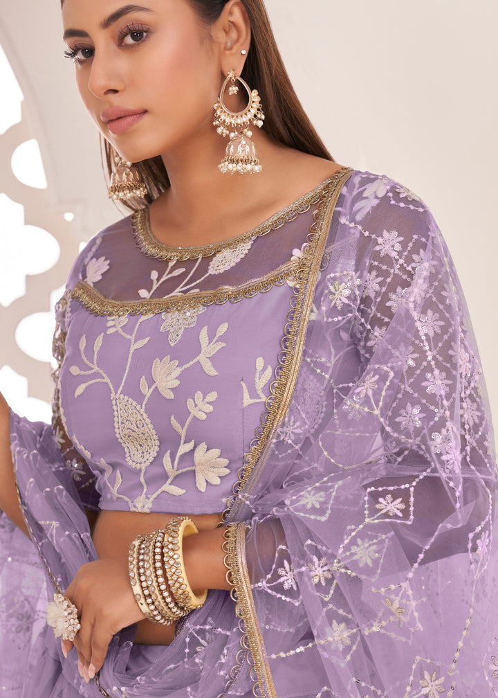 Lavender Designer Soft Net Lehenga With Cotton Thread And Sequins Embroidery Work