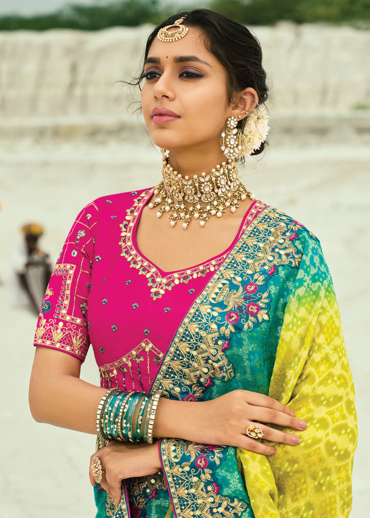 Turquoise Blue & Yellow Georgette Bandhej Saree With Moti & Cut-Dana Handwork Border