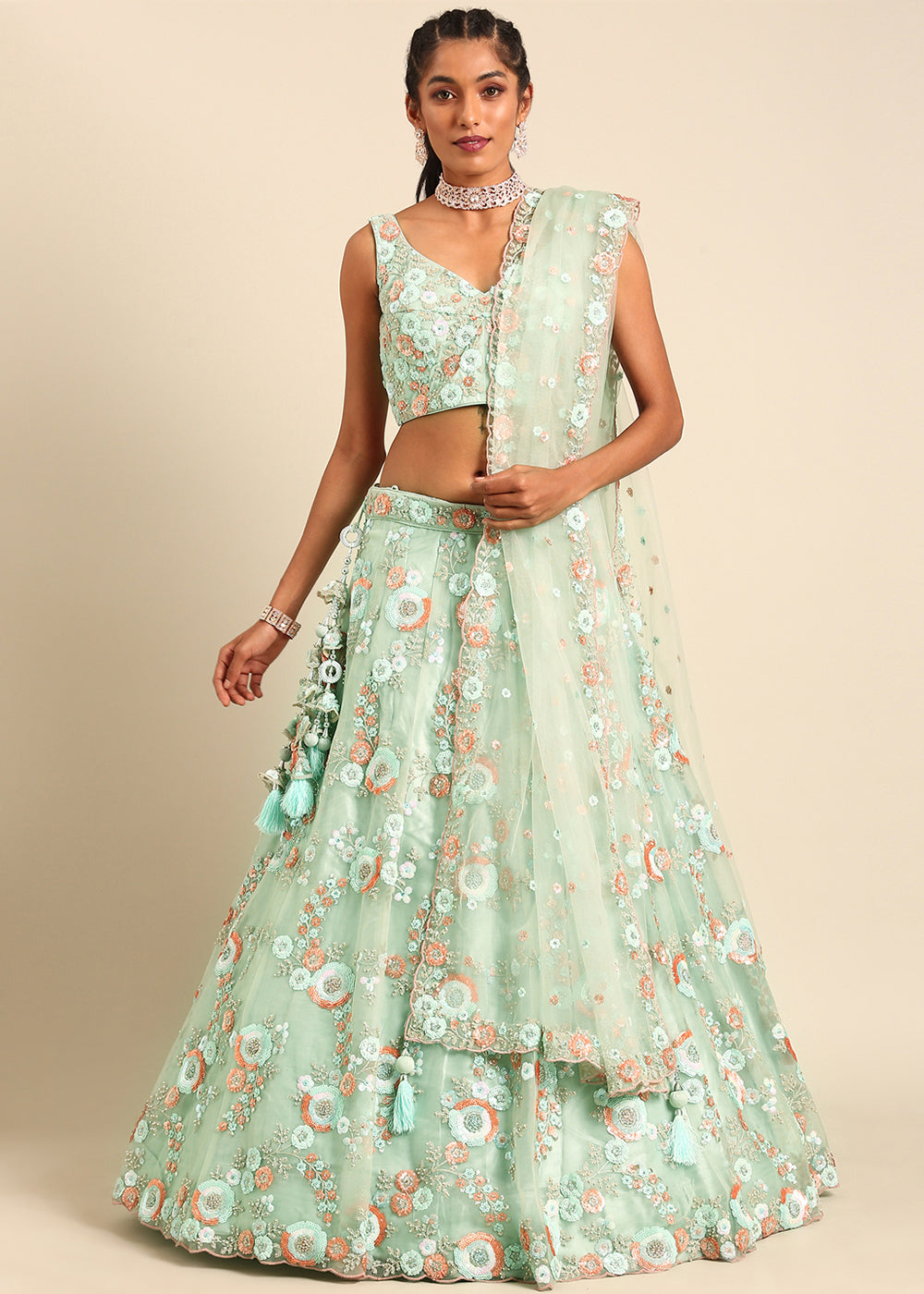 Shades Of Green Net Lehenga Choli with Sequins & Zarkan Embroidery work