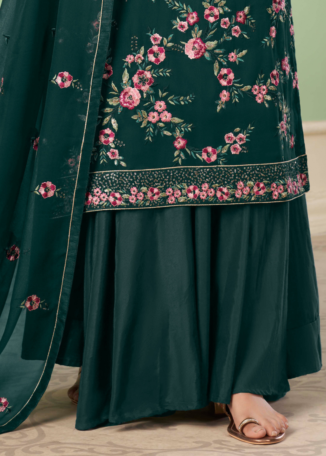 Pine Green Georgette Salwar Suit with Multi Colour Thread Embroidery & Sequence work