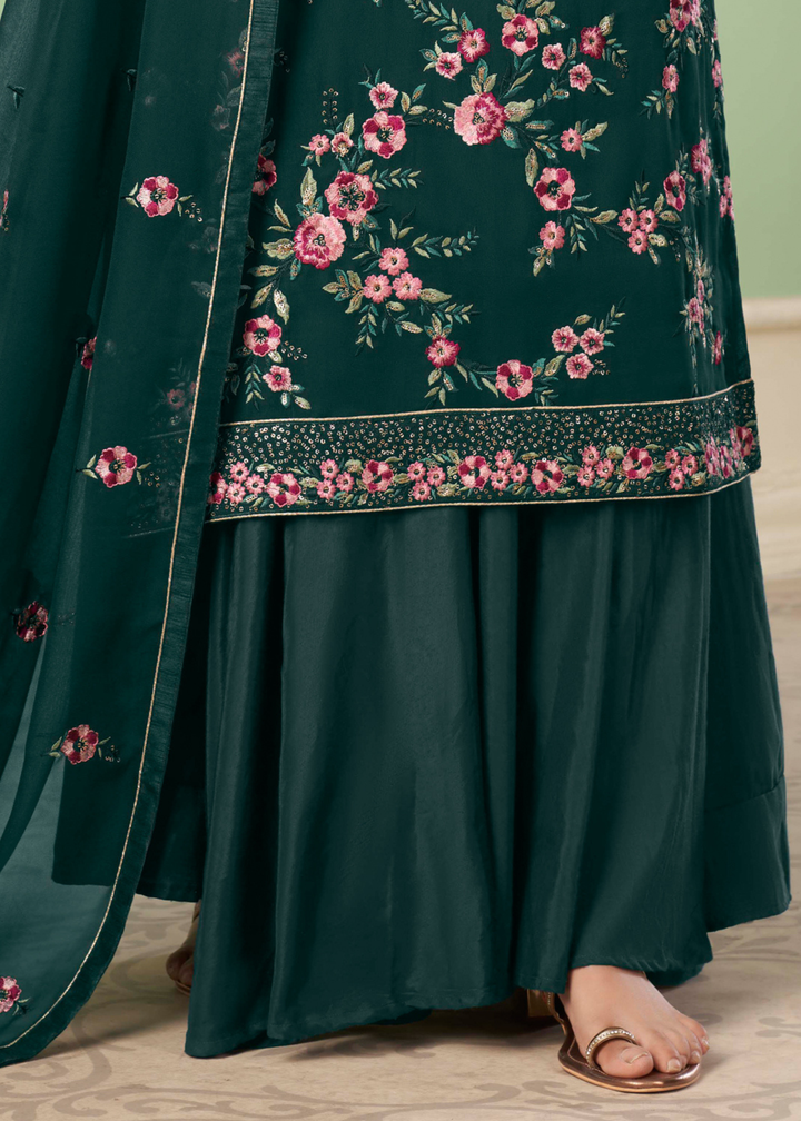 Pine Green Georgette Salwar Suit with Multi Colour Thread Embroidery & Sequence work