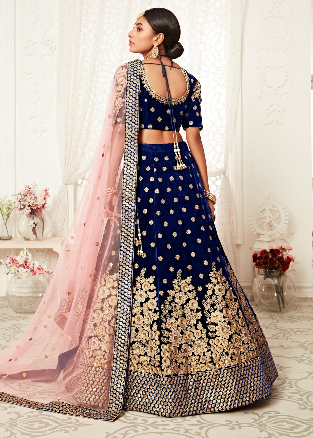 Navy Blue Velvet With Zari & Thread embroidery With Diamond Work Bridal Lehenga