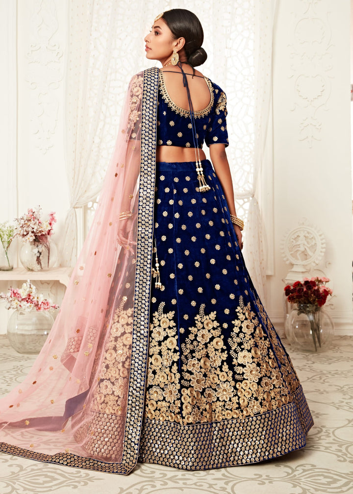 Navy Blue Velvet With Zari & Thread embroidery With Diamond Work Bridal Lehenga