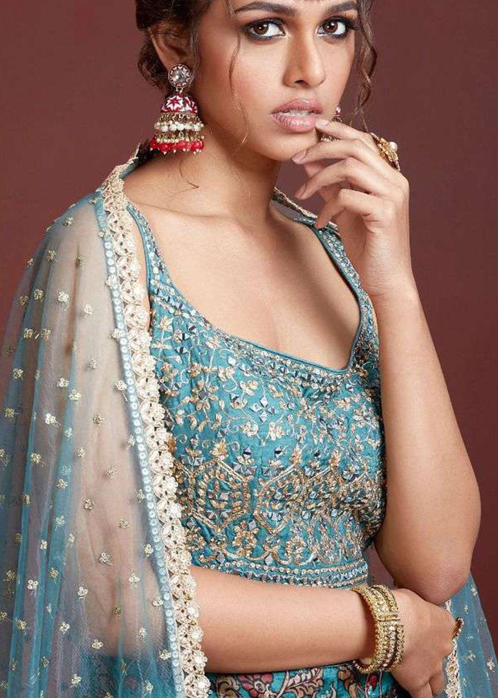 Azure Blue Floral Printed Chinon Silk Lehenga Choli with Sequins & Mirror work