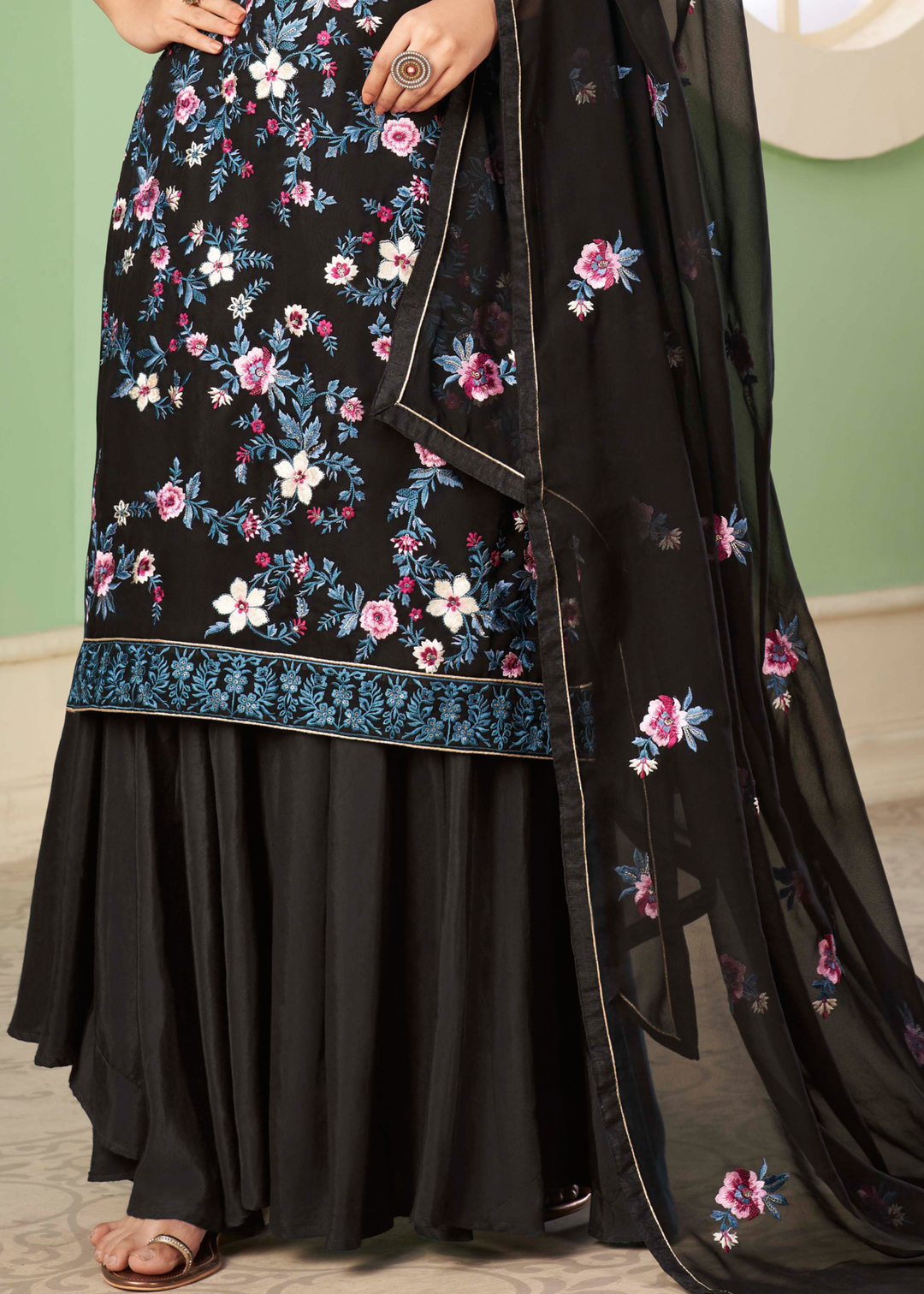Midnight Black Georgette Salwar Suit with Multi Colour Thread Embroidery & Sequence work