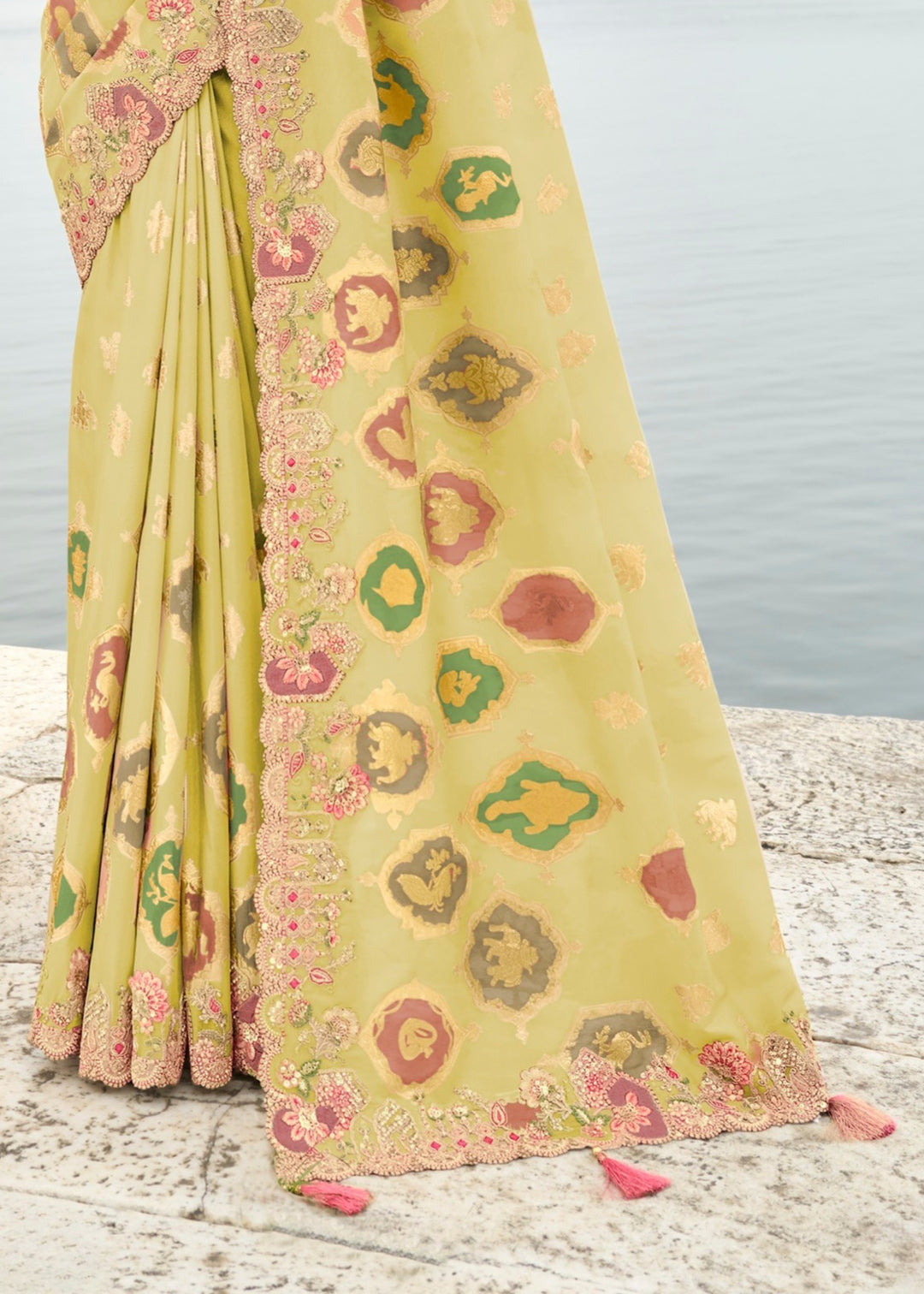 Canary Yellow Silk Saree With Embroidery Cut and Butti Work
