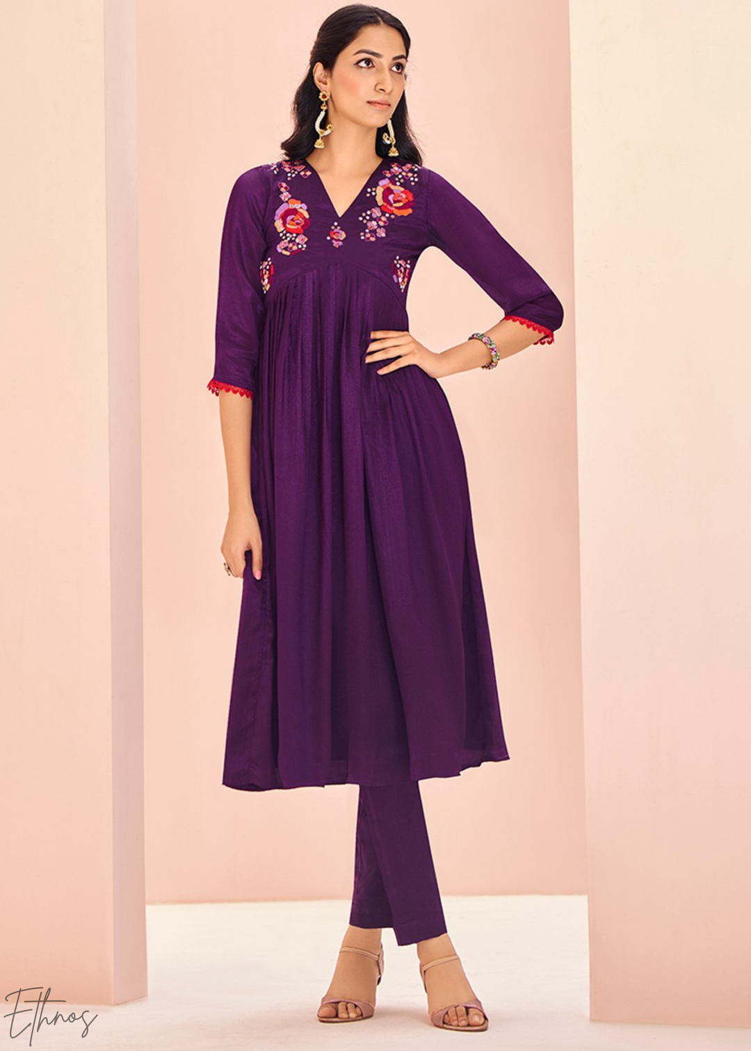 Wine Purple Yoke Embroidered Frock Kurti Palazzo Set
