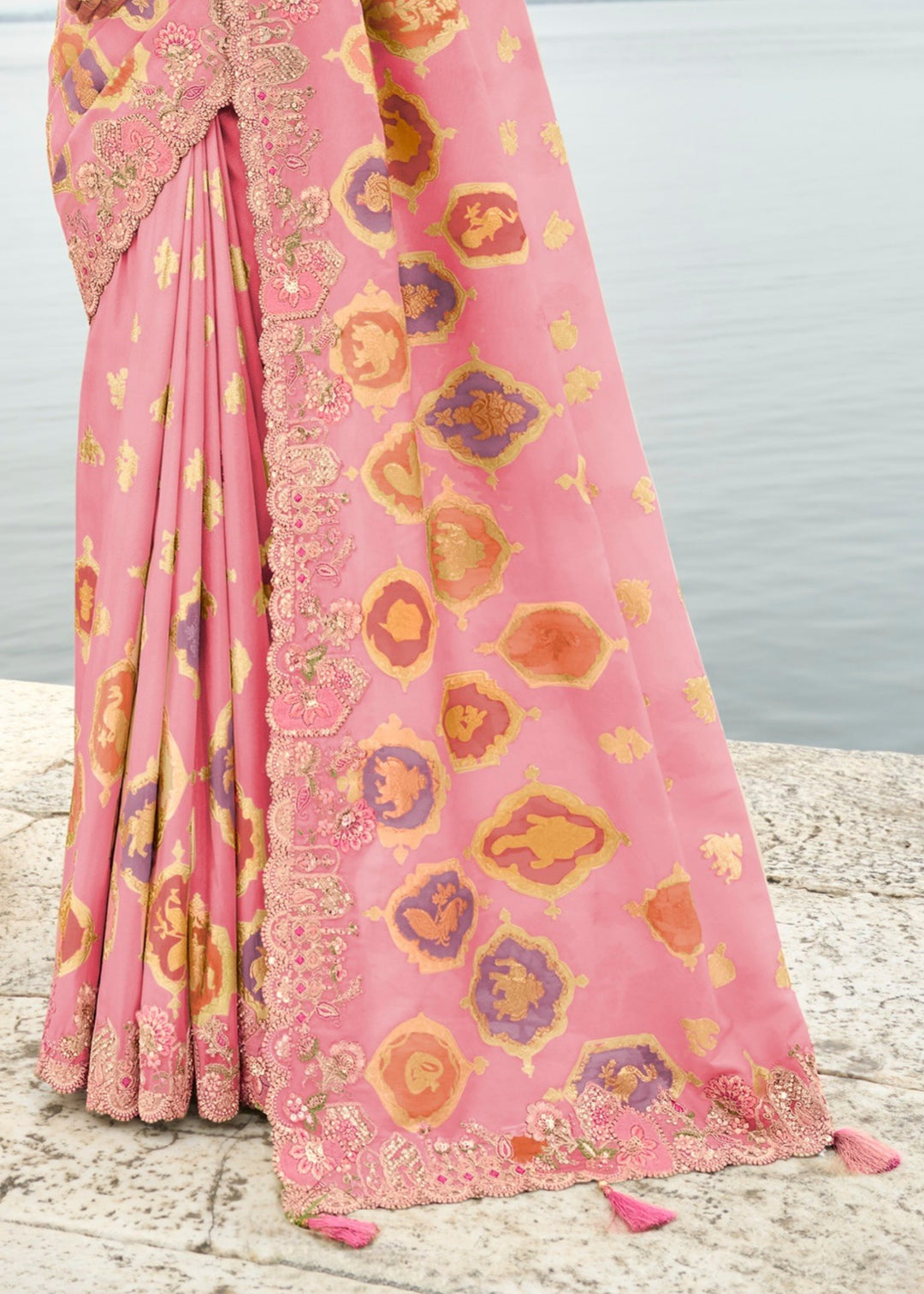 Peach Silk Saree With Embroidery Cut and Butti Work