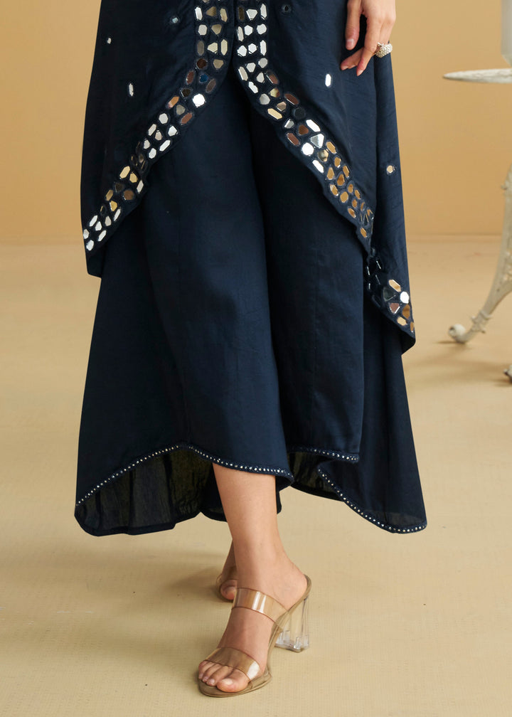 Navy Blue Silk Palazzo Suit With Silver Mirror