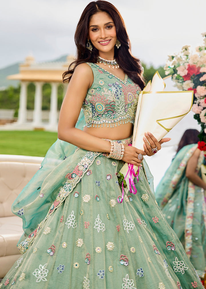 Limegreen Satin Silk Lehenga Choli with Sequinned Embroidered