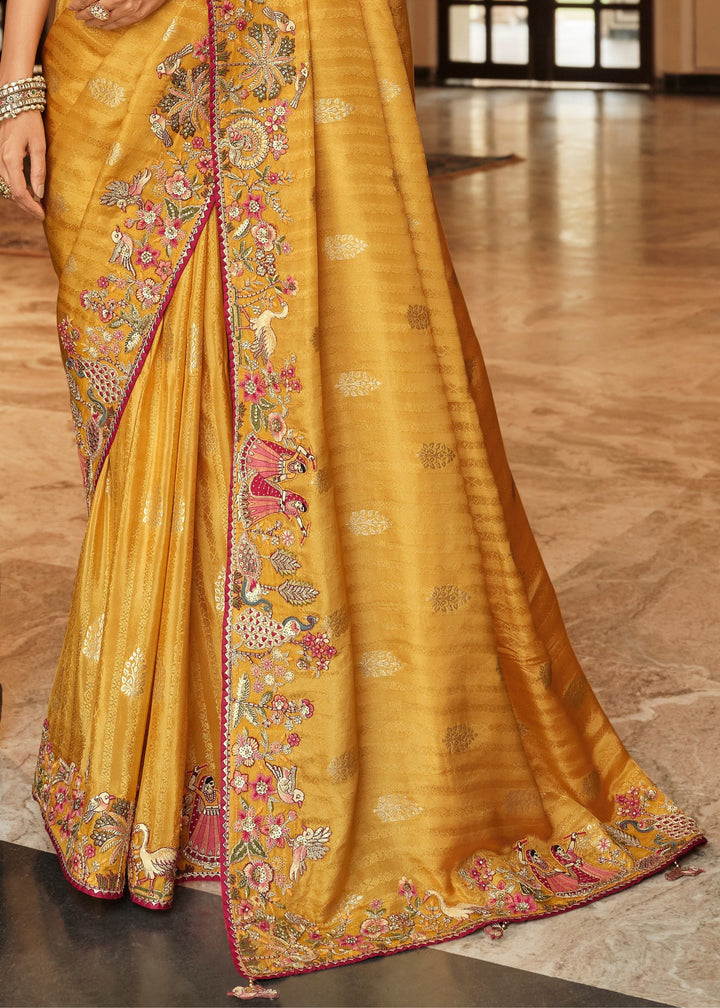 Golden Mustard With Pink Floral Embroidery Silk Saree