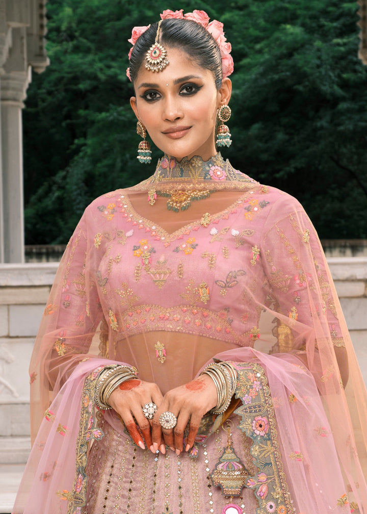 Pastel Pink Fancy Silk Lehenga Choli With Cut Work Embroidery Border & Stone Work