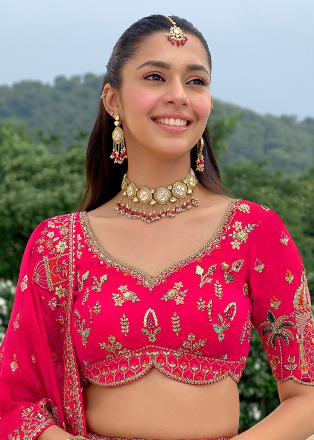 Hot Pink And Orange Silk Lehenga With Cut Work Border And Embroidery