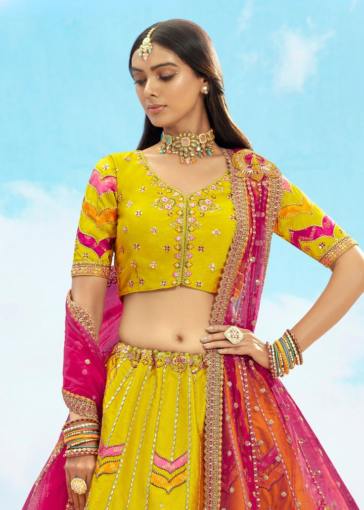 Yellow And Pink Silk Lehenga With Cut Work Border