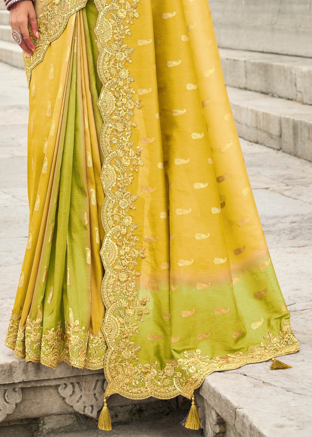 Yellow and Lime Silk Saree With Embroidery Cut and Butti Work