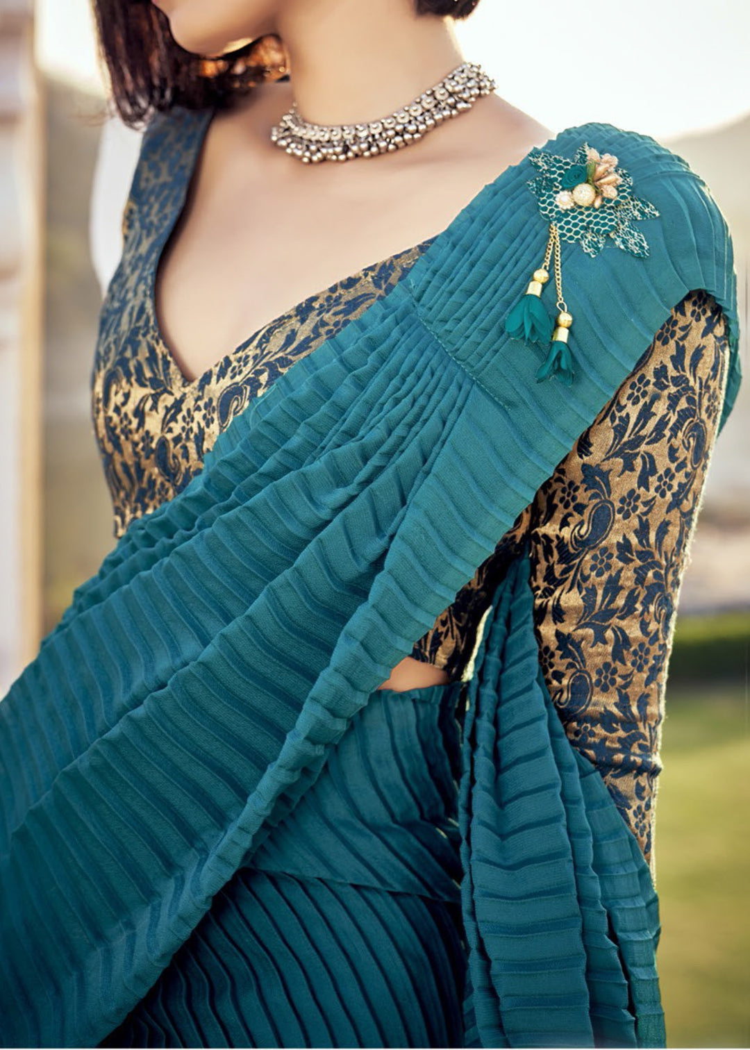 Prussian Blue Crush Silk Saree With Beautiful Blouse
