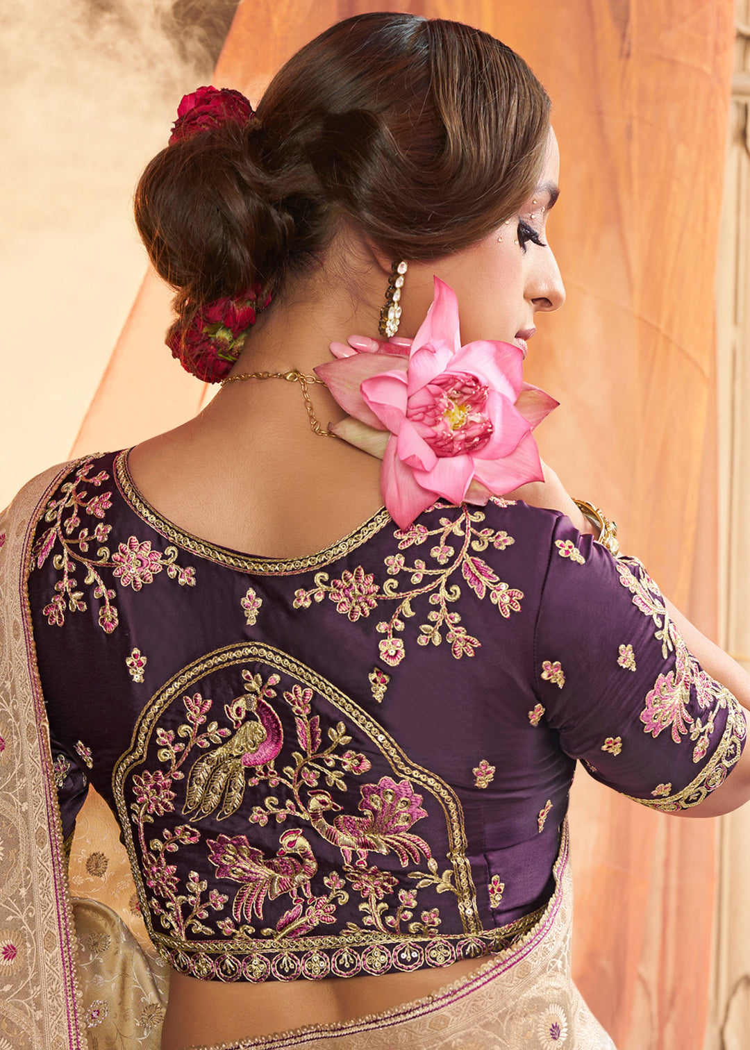 Warm White Satin Silk Saree With Beautiful Lace Border And Heavy Designer Embroidered Blouse : Top Pick