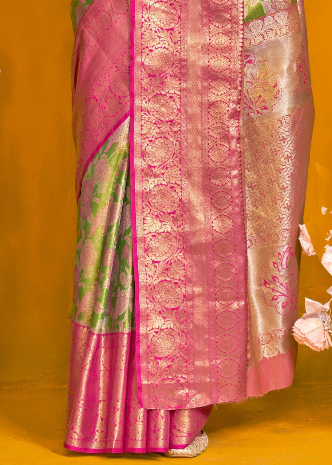 Pink And Green Pure Dharamavaram Silk Saree