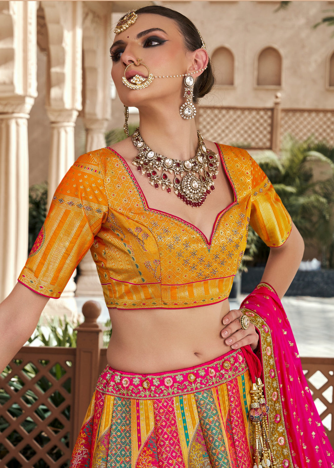 Bright Yellow Banarasi Silk Lehenga with Zarkan & Cutwork