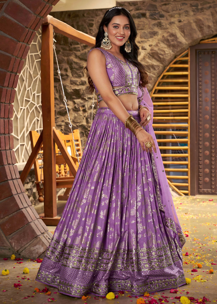 Lavender Sequins and Zari Embroidery Work Silk Lehenga