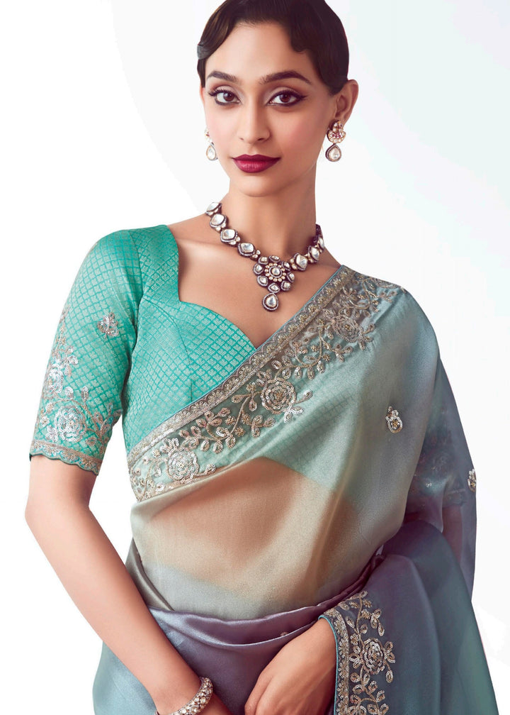 Turquoise Blue Fancy Fabric Silk Saree With Hand Embroidered Work And Cut Work Border