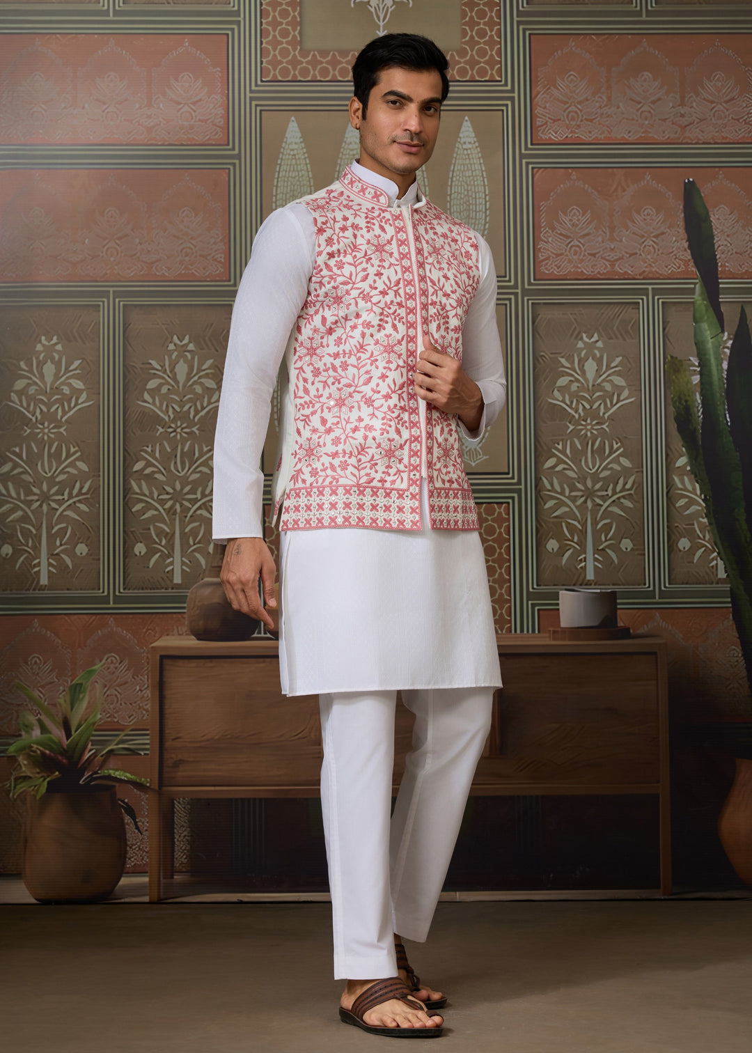 White Kurta And Pant With A Pink And White Embroidered Nehru Jacket