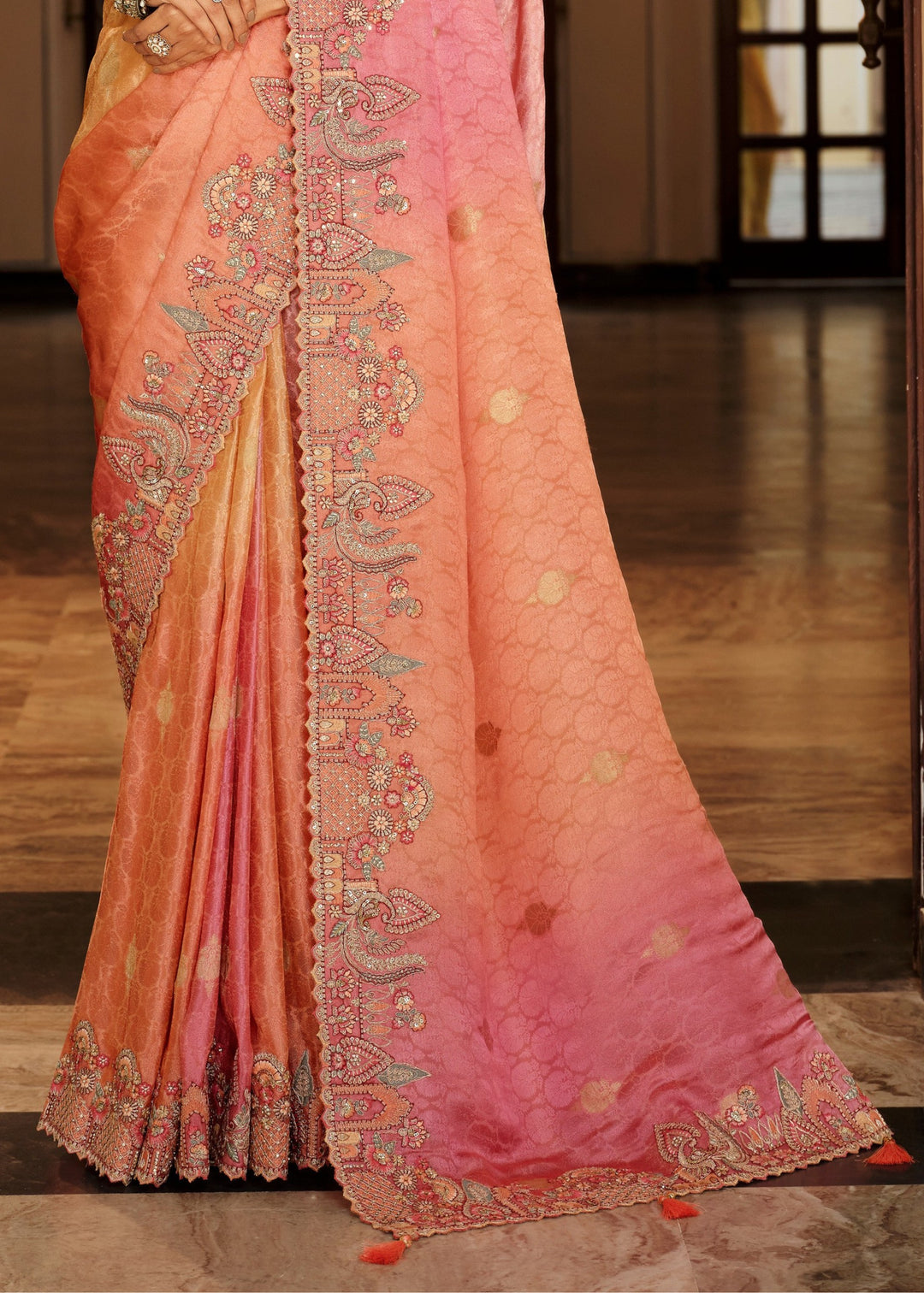 Peach & Coral Ombre With Silver-Grey Embroidery Silk Saree