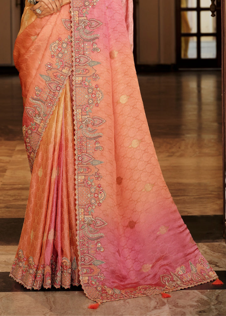 Peach & Coral Ombre With Silver-Grey Embroidery Silk Saree