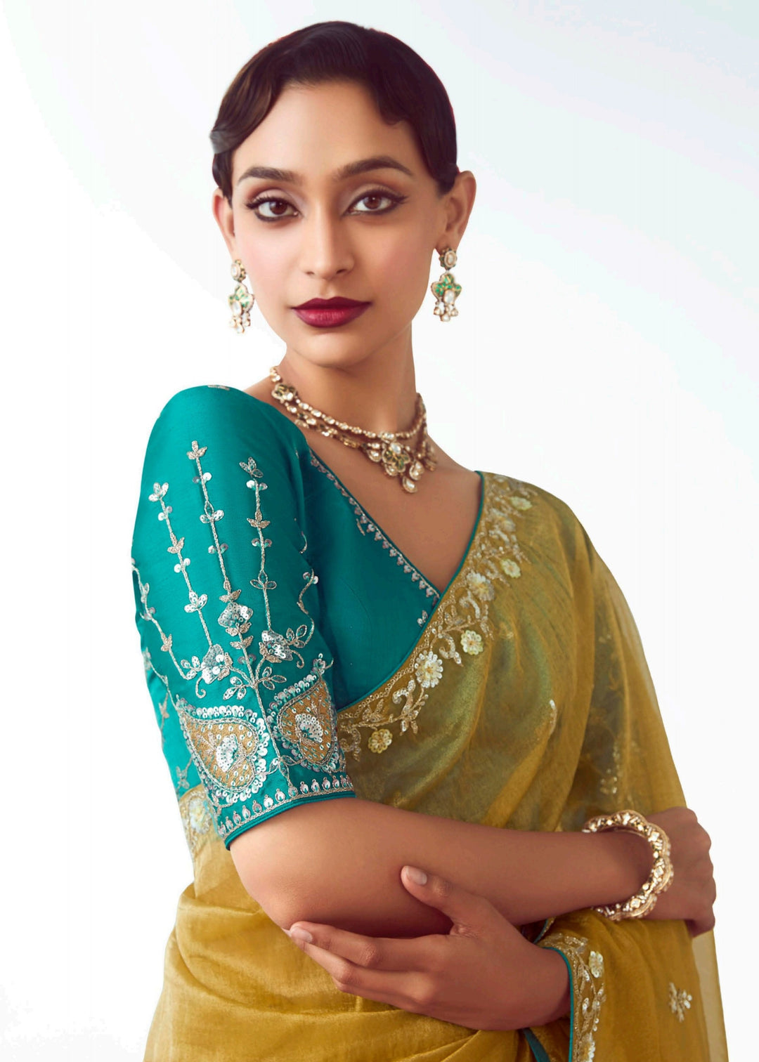 Lime Green Fancy Fabric Silk Saree With Hand Embroidered Work And Cut Work Border