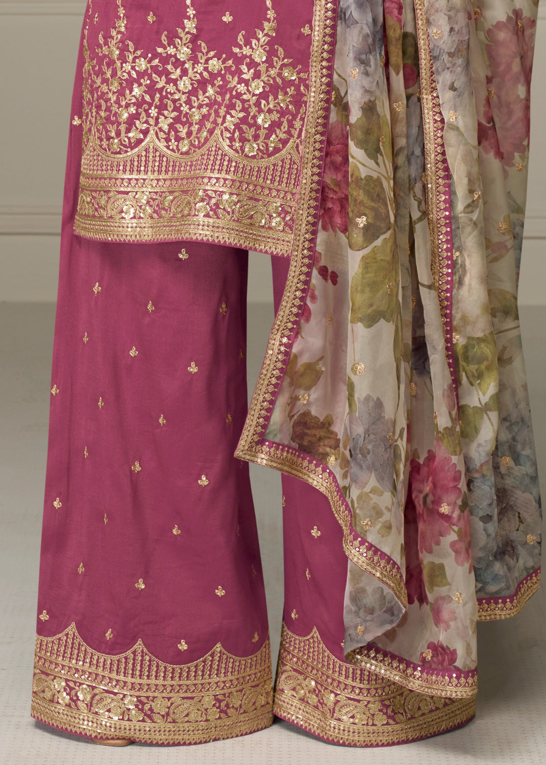Smitten Pink Palazzo Silk Suit With Floral Dupatta