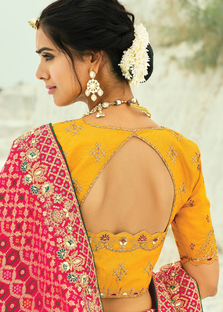 French Pink Georgette Bandhej Saree With Moti & Cut-Dana Handwork Border