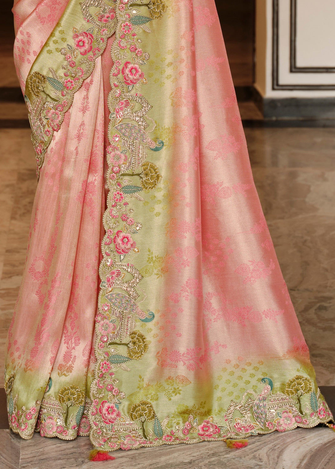 Dusty Rose Pink With Green Border Silk Saree