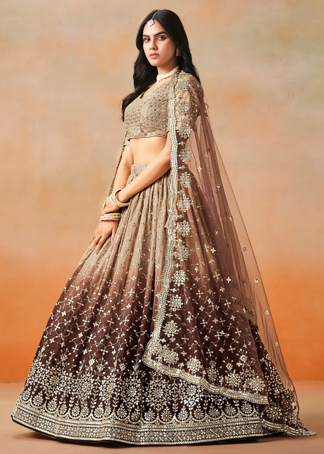 Brown Sequins Zari Embroidered Work Georgette Lehenga