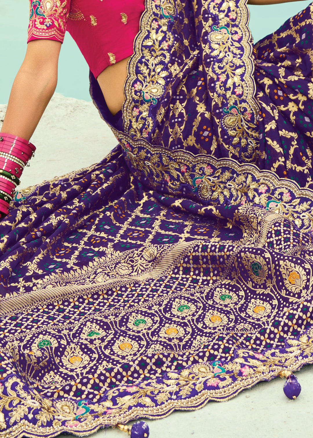 Purple Georgette Bandhej Saree With Moti & Cut-Dana Handwork Border