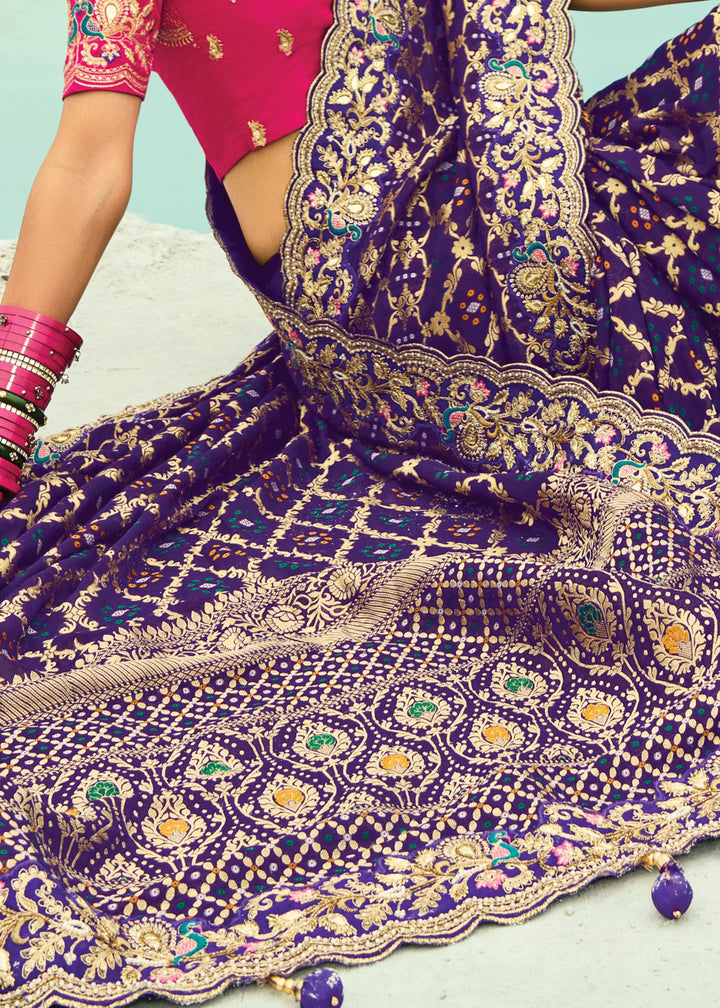 Purple Georgette Bandhej Saree With Moti & Cut-Dana Handwork Border